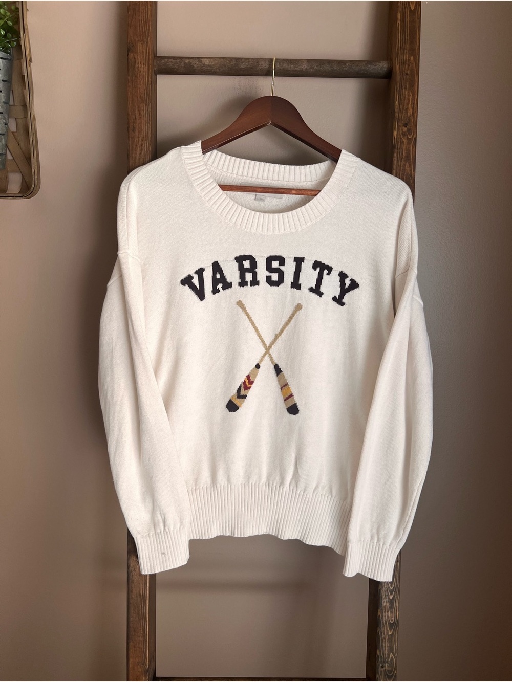 LOFT Cream 'VARSITY' Graphic Crewneck Sweater